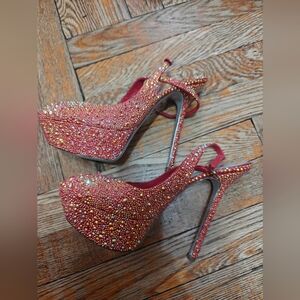 Sergio Rossi Straussed Rhinestone Red Heels 7.5 37.5